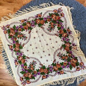 Pavlovo Posad Cream 35 X 35 Wool Artsy Floral Tassels Scarf Shawl